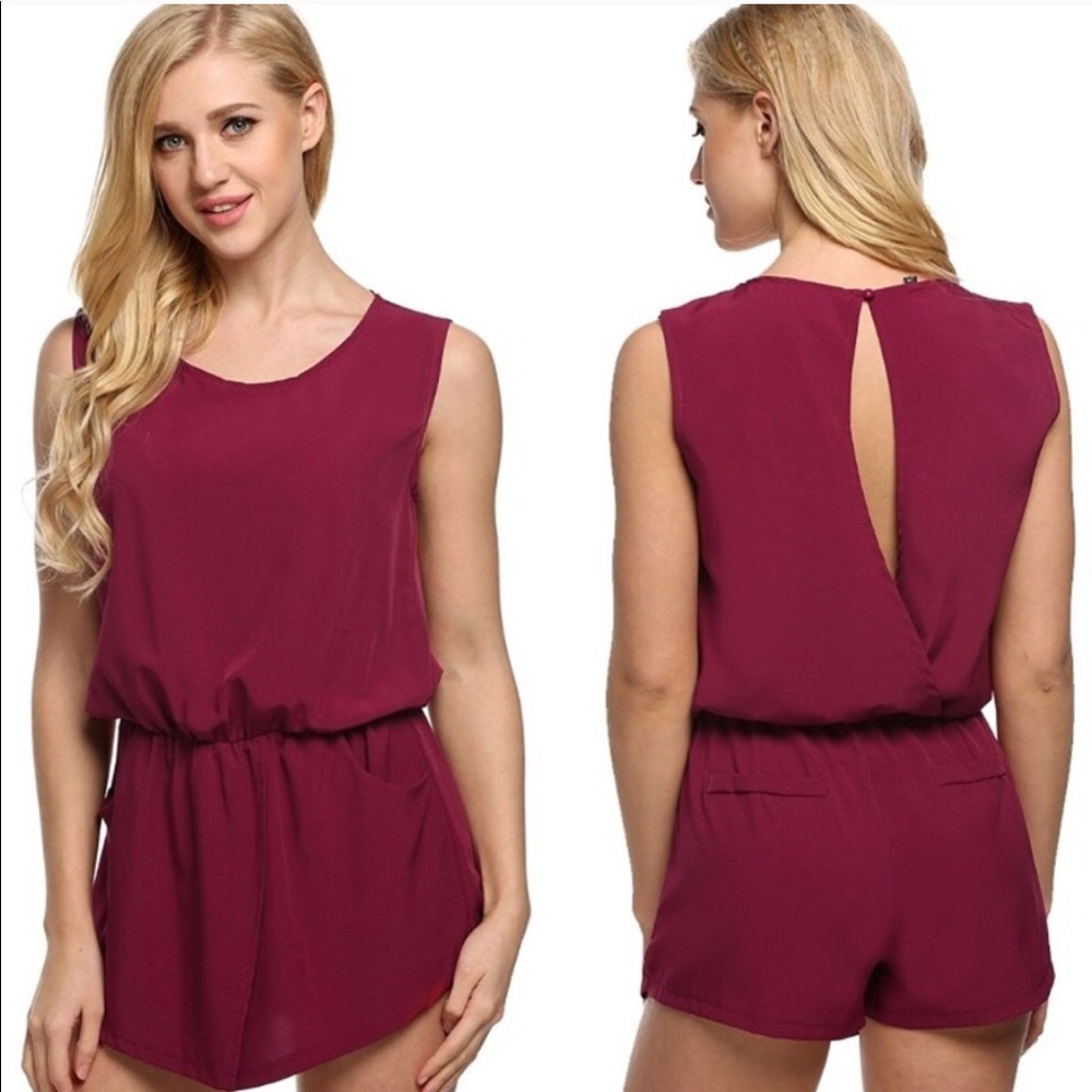 ACEVOG Burgundy Open Back Romper With Pockets